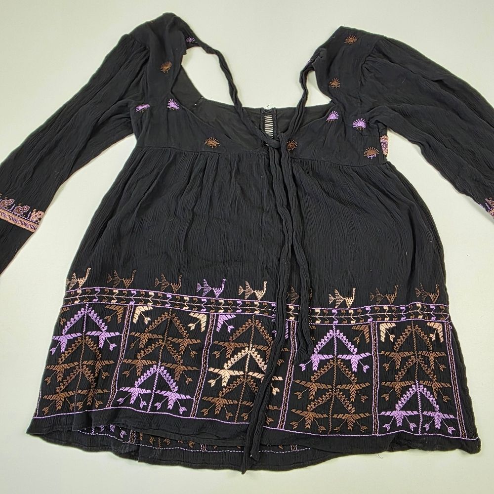 Free People Rhiannon Embroidered Mini Black Purple Dress Womens Sz Medium - Picture 11 of 12